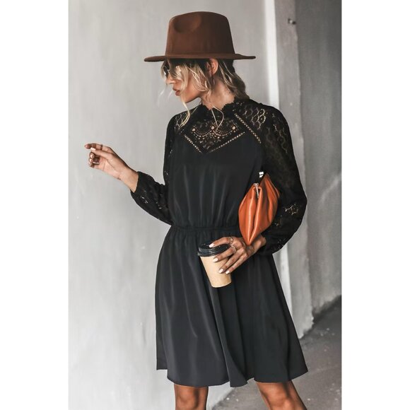 XS Cupshe Lace-Trim Long Sleeve Elastic Waist Black Mini Dress - Zaina - NWT - Picture 2 of 8